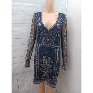 Gianni Bini Sequin Cocktail Dress Sz XL Navyblue Long Sleeve V-Neck Party